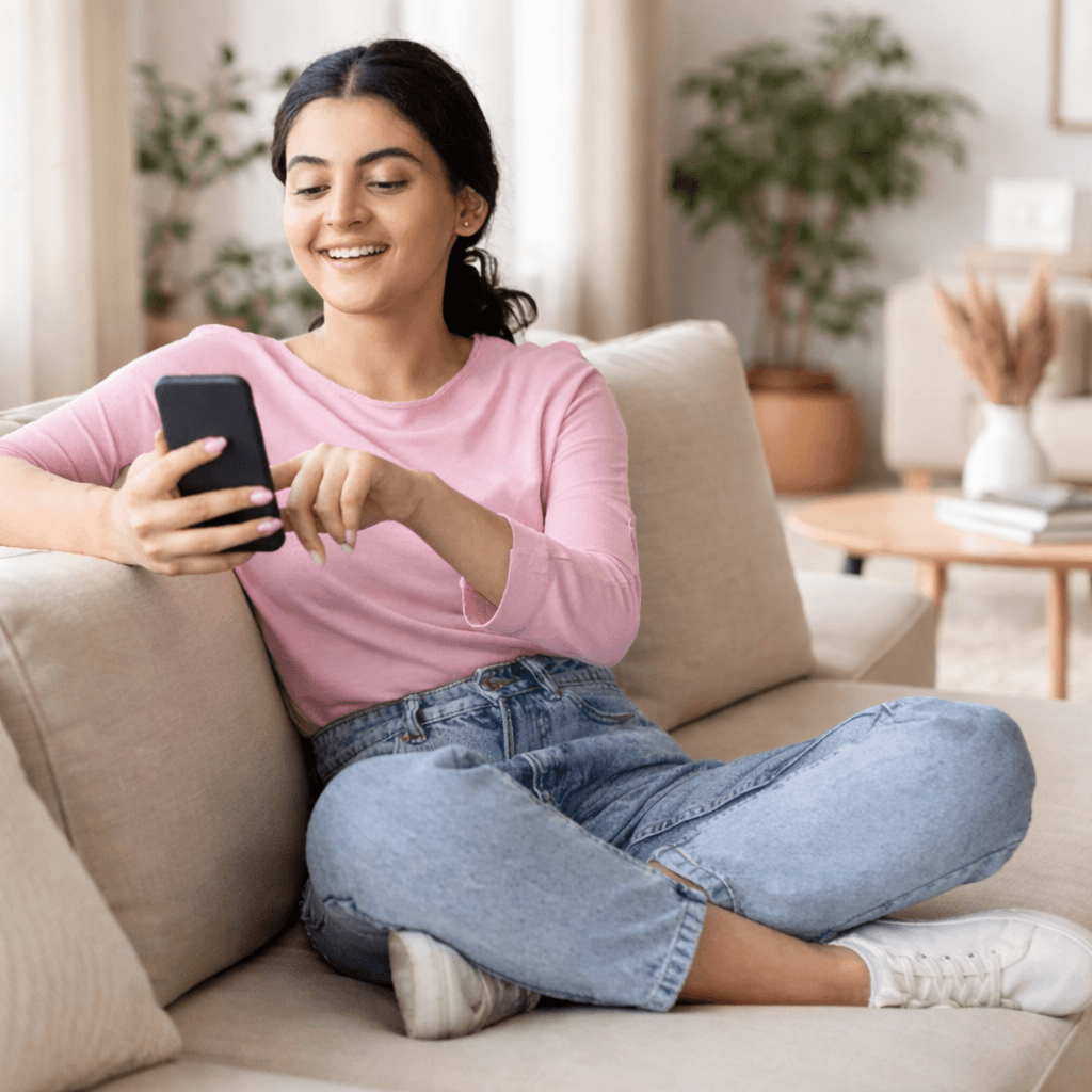 Woman using escrow platform on mobile